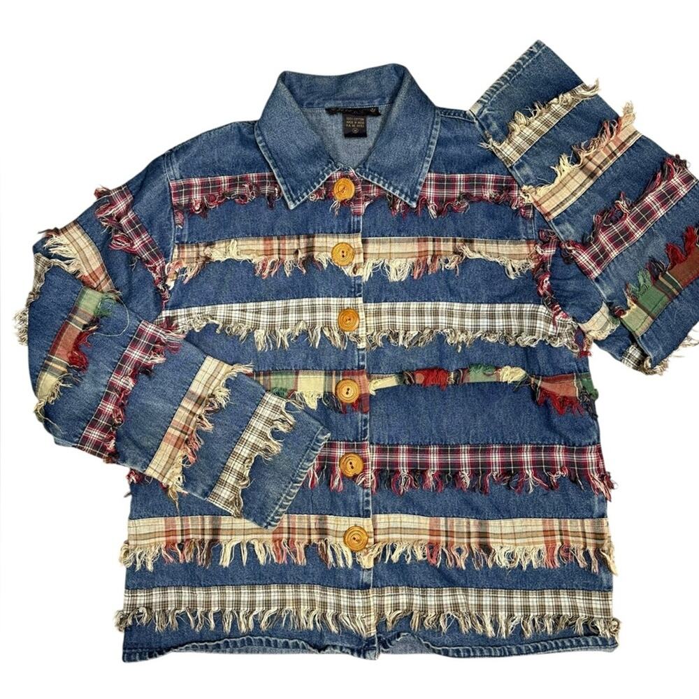 Vtg 90s Patchwork Plaid Frayed Grunge Denim Jacket Womens Size M Artsy Festival